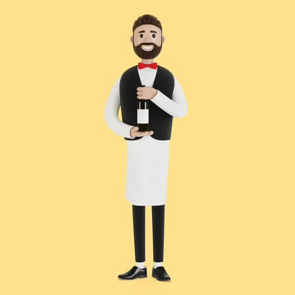 Karikatur Eines Kellners Mit Einer Flasche Wein Illustration — Stockfoto