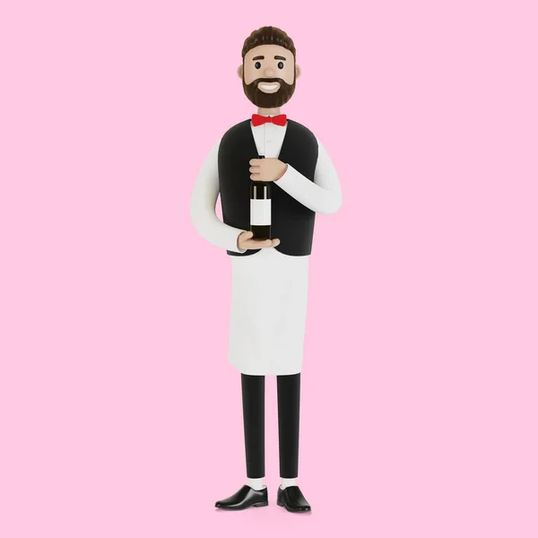 Caricatura Camarero Con Una Botella Vino Ilustración —  Fotos de Stock