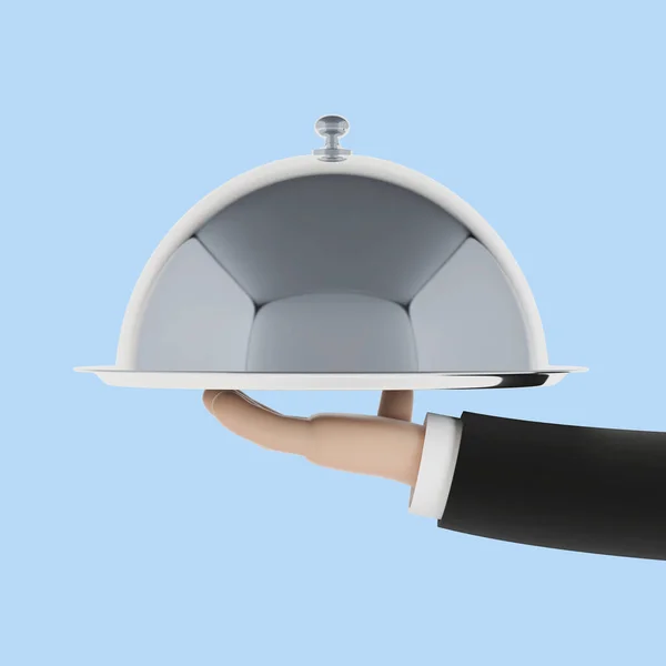 Cartoon waiter hand with a tray. 3d illustration.