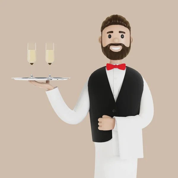 Serveur Dessin Animé Avec Champagne Sur Plateau Illustration — Photo