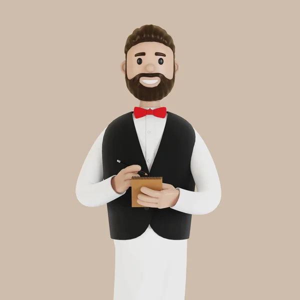 Cartoon character a waiter with a notebook and a pencil takes an order. 3D illustration.