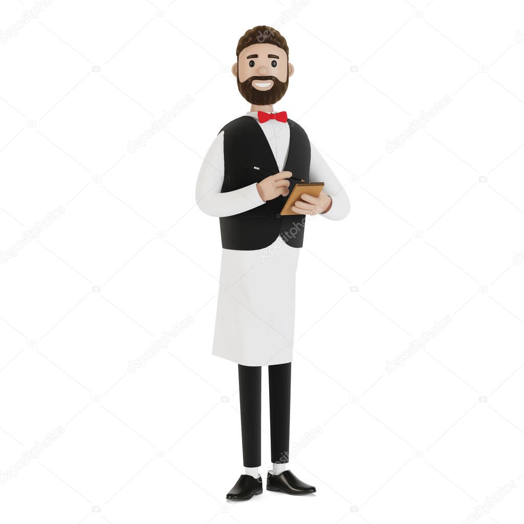 Cartoon character a waiter with a notebook and a pencil takes an order. 3D illustration.