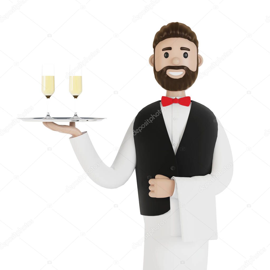 Cartoon waiter with champagne on a tray. 3D illustration.