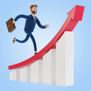 Bir çizgi film karakteri başarıya doğru koşar. Finansal büyüme kavramı. 3B illüstrasyon.