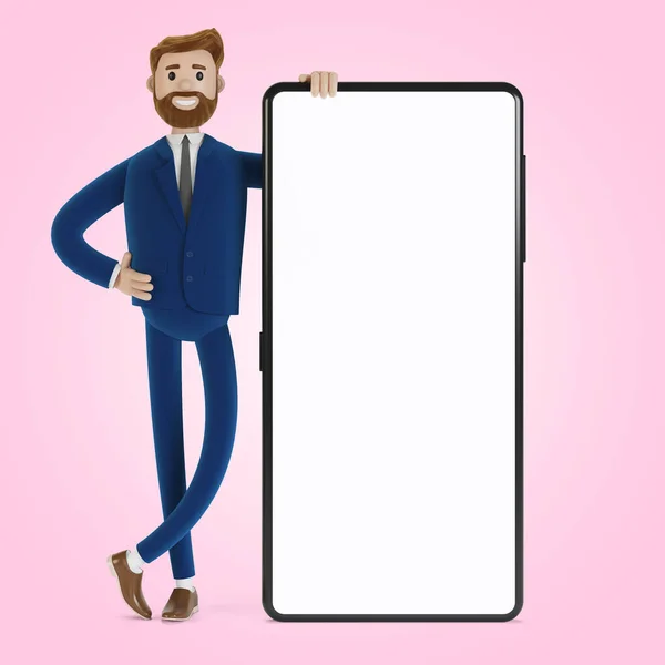 A cartoon character stands with a phone. Mobile app. 3D illustration.