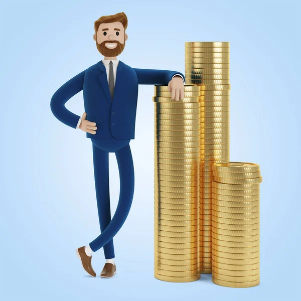 Cartoon character with a stack of money. Mobile app. 3D illustration.