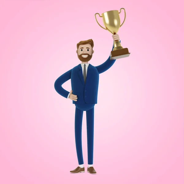 Biznesmen Trzyma Ręku Złoty Kubek Zwycięstwo Koncepcja Sukcesu Najlepszy Pracownik — Zdjęcie stockowe