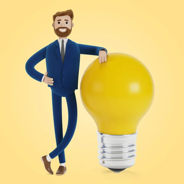 Cartoon character with a light bulb. Business idea concept. 3D illustration.