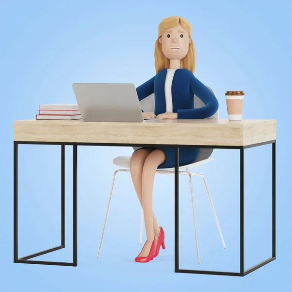 Woman secretary at the workplace. 3d illustration of a cartoon character.