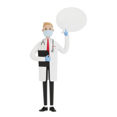 Erkek doktor tavsiye ya da tavsiye vermek için parmağını kaldırdı. Konuşma balonu olan bir doktor. Çizgi film tarzında 3B illüstrasyon.