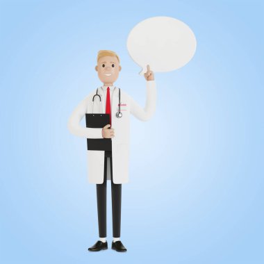 Erkek doktor tavsiye ya da tavsiye vermek için parmağını kaldırdı. Konuşma balonu olan bir doktor. Çizgi film tarzında 3B illüstrasyon.