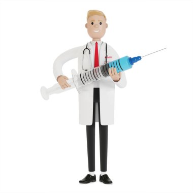 Bir doktorun elinde şırınga. Ambulans çağırın. Grip aşısı. Sağlık sigortası konsepti. Çizgi film tarzında 3B illüstrasyon.