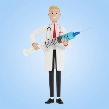 Bir doktorun elinde şırınga. Ambulans çağırın. Grip aşısı. Sağlık sigortası konsepti. Çizgi film tarzında 3B illüstrasyon.