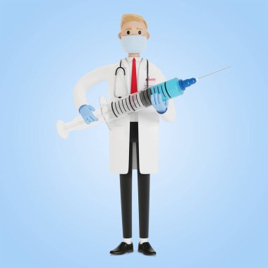 Bir doktorun elinde şırınga. Ambulans çağırın. Grip aşısı. Sağlık sigortası konsepti. Çizgi film tarzında 3B illüstrasyon.
