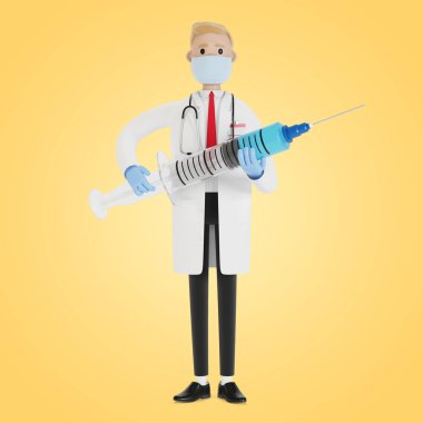 Bir doktorun elinde şırınga. Ambulans çağırın. Grip aşısı. Sağlık sigortası konsepti. Çizgi film tarzında 3B illüstrasyon.