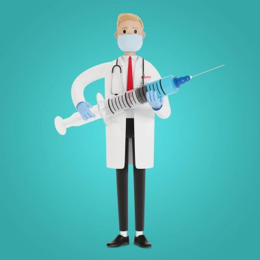 Bir doktorun elinde şırınga. Ambulans çağırın. Grip aşısı. Sağlık sigortası konsepti. Çizgi film tarzında 3B illüstrasyon.