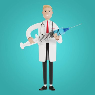 Bir doktorun elinde şırınga. Ambulans çağırın. Grip aşısı. Sağlık sigortası konsepti. Çizgi film tarzında 3B illüstrasyon.