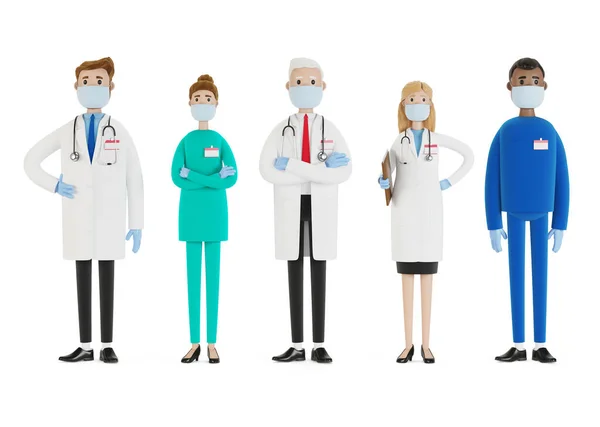 Läkare Grupp Sjukvårdsarbetare Som Bär Två Masker Och Medicinska Handskar — Stockfoto