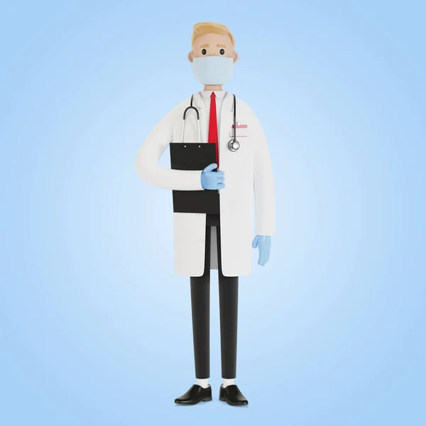一个戴着面具和手套的医生的画像 卡通风格的3D插图 — 图库照片