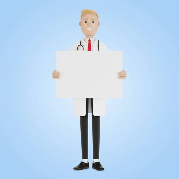 Medical specialist holding a blank poster. 3D illustration in cartoon style.