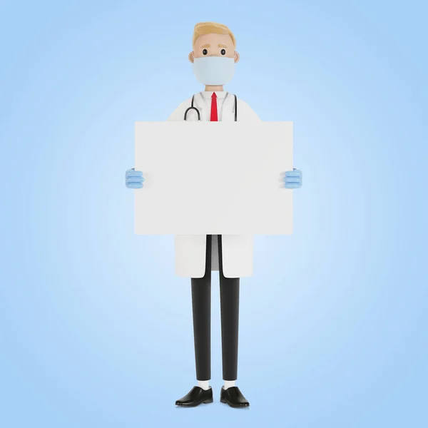Tıbbi Uzman Elinde Boş Bir Poster Tutuyor Çizgi Film Tarzında — Stok fotoğraf
