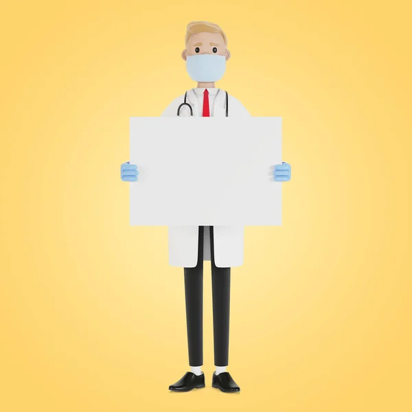 Tıbbi Uzman Elinde Boş Bir Poster Tutuyor Çizgi Film Tarzında — Stok fotoğraf