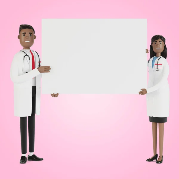 Doctors. Medical specialists man and woman holding blank poster. 3D illustration in cartoon style.