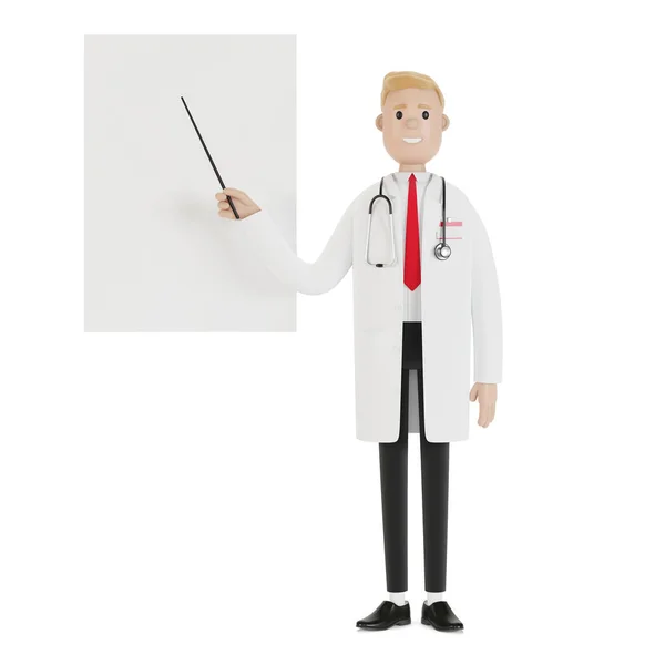 Manlig Läkare Står Och Pekar Presentationstavla Syntest Illustration Tecknad Stil — Stockfoto