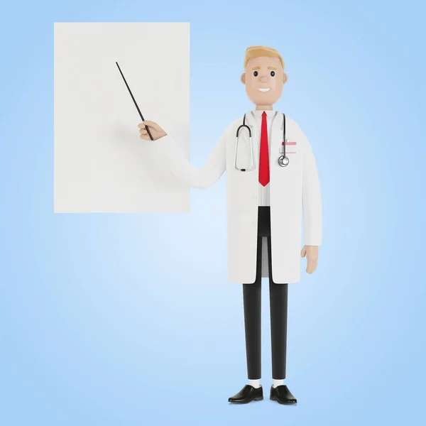 男性医師が立ってプレゼンテーションボードを指しています 視力検査 漫画風の3Dイラスト — ストック写真