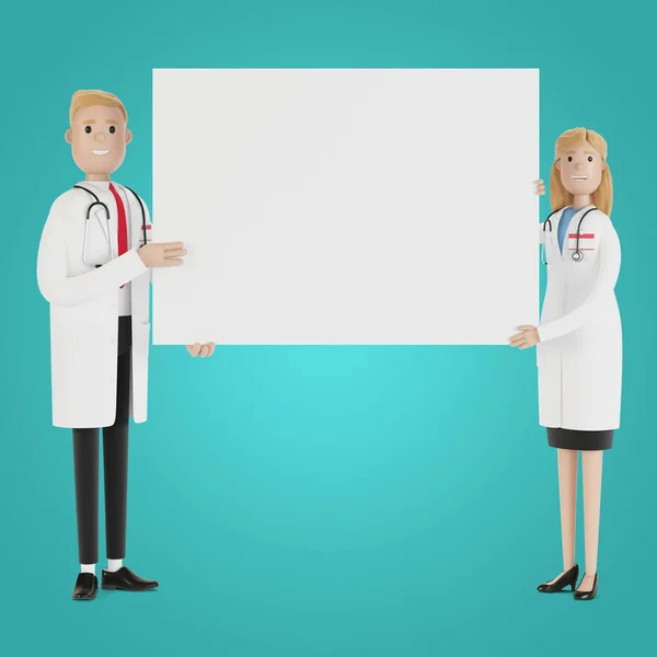 Doctors. Medical specialists man and woman holding blank poster. 3D illustration in cartoon style.