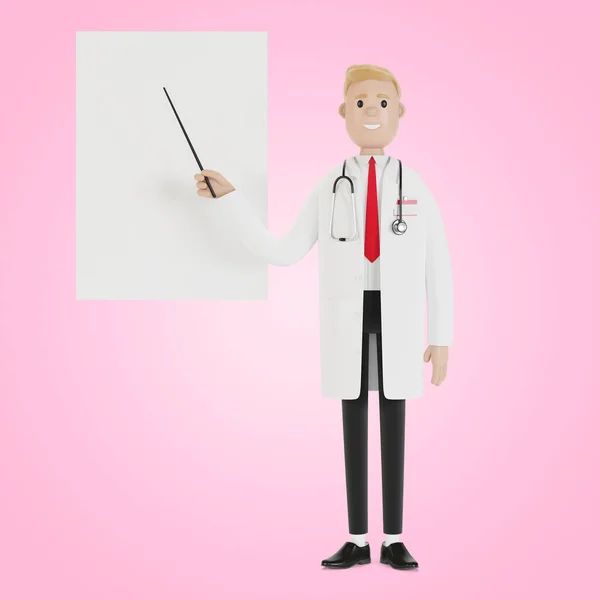 A male doctor stands and points to a presentation board. Vision test. 3D illustration in cartoon style.