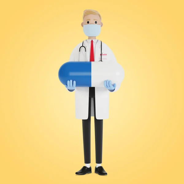 Mužský Doktor Velkou Modrou Pilulkou Ruce Ilustrace Kresleném Stylu — Stock fotografie