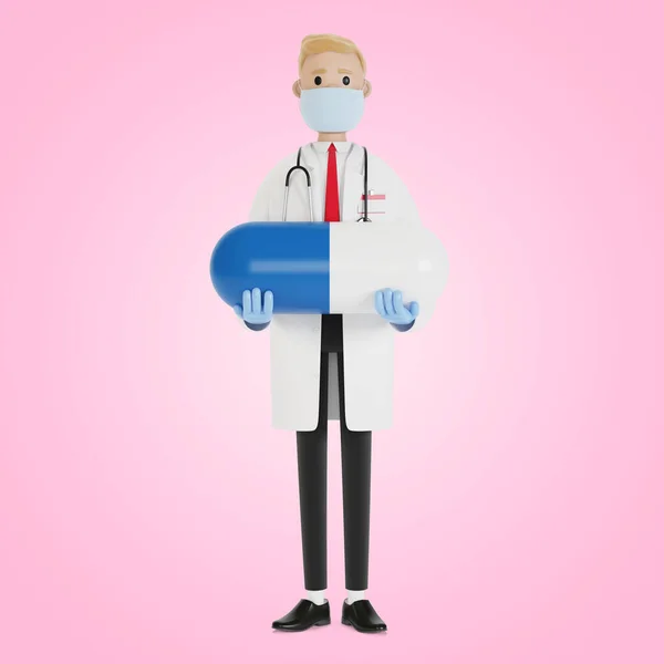 Male Doctor Big Blue Pill His Hands Illustration Cartoon Style — Stock Photo, Image