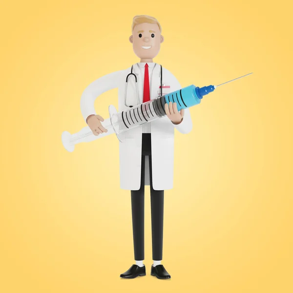 注射器在医生手里 救护车 流感打针 卫生保健医学概念 卡通风格的3D插图 — 图库照片