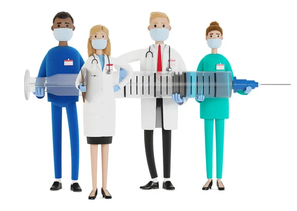 一群医务工作者拿着注射器 主治医生和医学专家 卡通风格的3D插图 — 图库照片