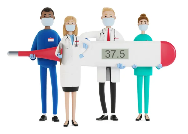 医者だ 医療従事者のグループは 温度計を保持している 主任医師および医療専門家 漫画風の3Dイラスト — ストック写真
