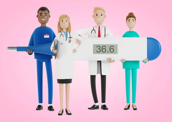 一群医务工作者拿着温度计 主治医生和医学专家 卡通风格的3D插图 — 图库照片