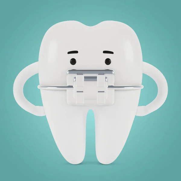 Tooth with braces cartoon character. The concept of dental examination of teeth, dental health and hygiene. 3D illustration.