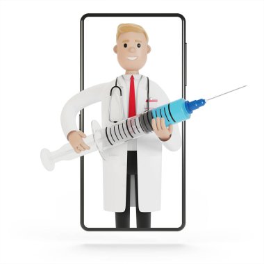 Akıllı telefon ekranında büyük bir şırıngası olan bir erkek doktor. Çizgi film tarzında 3B illüstrasyon.