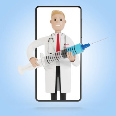 Akıllı telefon ekranında büyük bir şırıngası olan bir erkek doktor. Çizgi film tarzında 3B illüstrasyon.