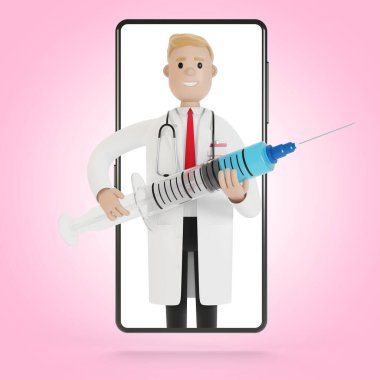 Akıllı telefon ekranında büyük bir şırıngası olan bir erkek doktor. Çizgi film tarzında 3B illüstrasyon.