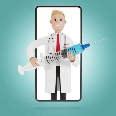 Akıllı telefon ekranında büyük bir şırıngası olan bir erkek doktor. Çizgi film tarzında 3B illüstrasyon.