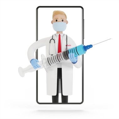 Akıllı telefon ekranında büyük bir şırıngası olan bir erkek doktor. Çizgi film tarzında 3B illüstrasyon.