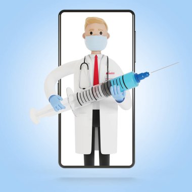 Akıllı telefon ekranında büyük bir şırıngası olan bir erkek doktor. Çizgi film tarzında 3B illüstrasyon.