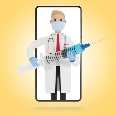 Akıllı telefon ekranında büyük bir şırıngası olan bir erkek doktor. Çizgi film tarzında 3B illüstrasyon.