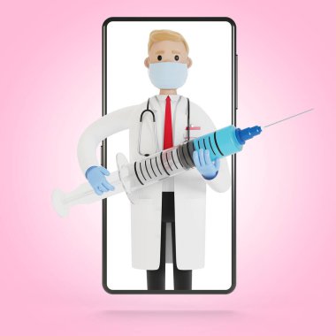 Akıllı telefon ekranında büyük bir şırıngası olan bir erkek doktor. Çizgi film tarzında 3B illüstrasyon.