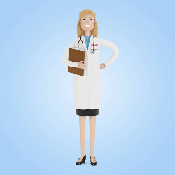 彼女の手にフォルダを持つ女性医師の肖像画 漫画風の3Dイラスト — ストック写真