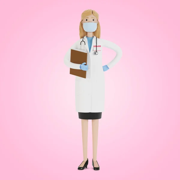 Portrait Woman Doctor Mask Gloves Illustration Cartoon Style — Stock Photo, Image