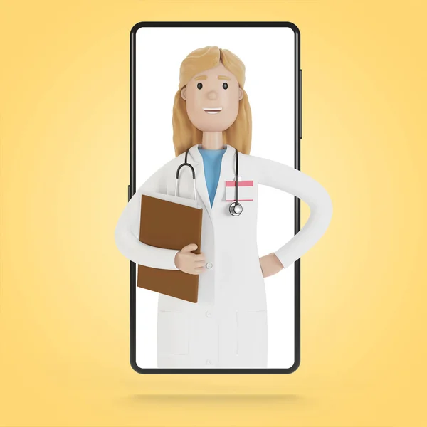 Smartphone screen with a woman doctor. Online consultation, medical services. 3D illustration in cartoon style.