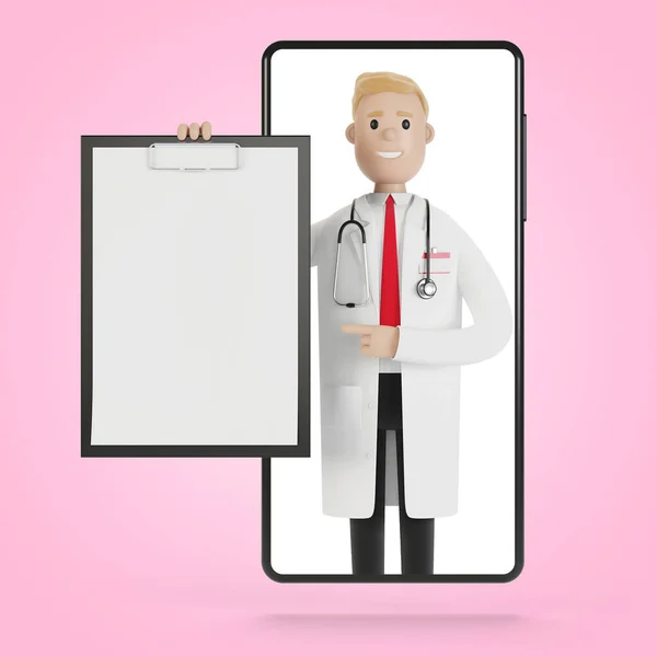 Smartphone screen with male doctor. Online health insurance concept. The doctor holds the contract. 3D illustration in cartoon style.